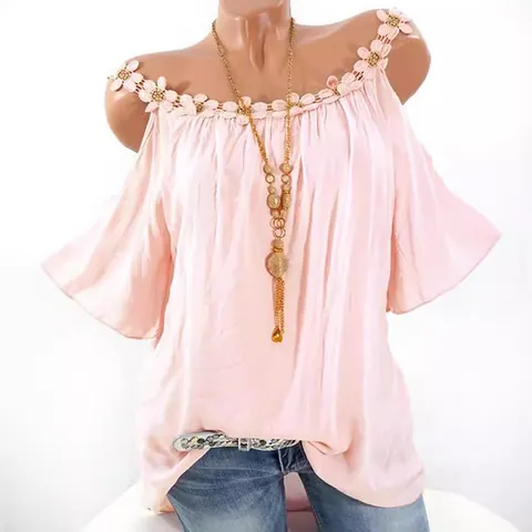 Women's Casual Cold Shoulder T-Shirt Round Neck Scalloped Lace Trim Flutter Sleeve Hollow Out Solid Color Cotton Top