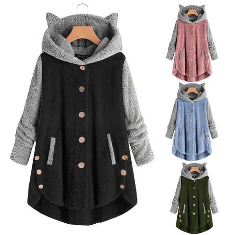 Sweat à Capuche en Peluche Color Block pour Femmes Avec Oreilles de Gatto Ourlet Irrégulier Boutonné Manteau en Polaire Chaud Oversize Haut d'Hiver Décontracté Streetwear