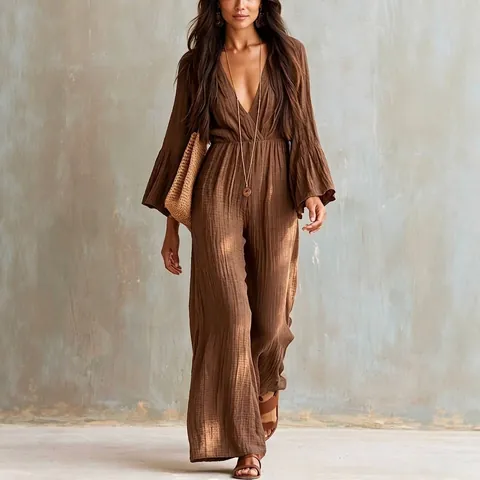 Women Bohemian V-Neck Long Sleeve Jumpsuit Elastic Waist Wide Leg Jumpsuit Polyester Casual Solid Color Flare Sleeve Romper