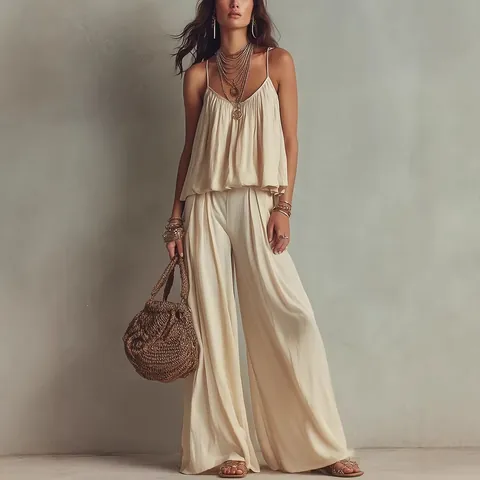 Damen Französisch Einfach Eckiger Ausschnitt Einfarbig Top Und Bottom Hohe Taille Weites Bein Freizeit Hose Set Polyester Sommer Boho Outfit