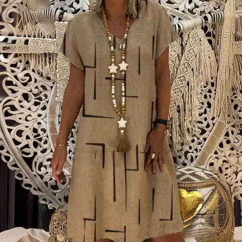 Women V Neck Short Sleeve Geometric Print Midi Dress Bohemian Casual Polyester Loose A Line Dress For Summer Daily Wear