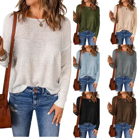 Women's Casual Alpaca Wool Pullover Sweater Solid Color Round Neck Long Sleeve Loose Knit Top For Autumn Winter