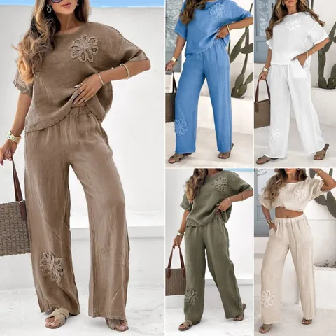 Women Top And Bottom Set Cotton Polyester Embroidered Casual High Waist Wide Leg Plus Size Leisure Daily Wear Outfit