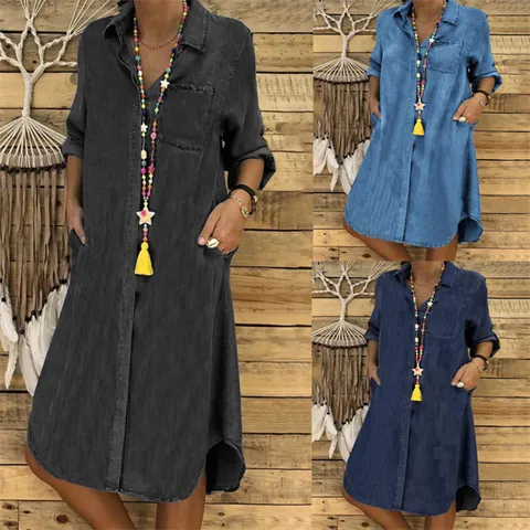 Vestito a Camicia in Denim Casual da Donna Taglie Forti Tinta Unita Manica Lunga Monopetto Vestito Midi con Tasche per Autunno