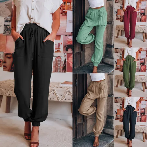 Dames Casual Harembroek Effen Kleur Polyester Losse Elastische Taille Trekkoord Broek Zacht Comfortabel Ademend Onderstuk