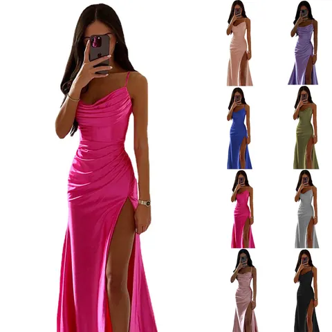 Women Sexy Satin Cowl Neck Ruched Maxi Dress High Split Slim Fit Evening Gown Sleeveless Slip Dress For Party Wedding Prom