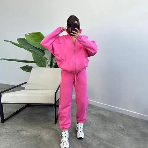 Women Casual Fleece Lined Sweatshirt And Pants Set Autumn Winter Loose Quarter Zip Top And Bottom Sporty Loungewear Jogger Suit