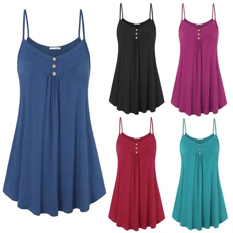 Robe à Bretelles Spaghetti pour Femmes Col en V Bouton Plissé Décontracté Ample Ligne A Robe d'Été Couleur Unie Robe de Plage Tunique
