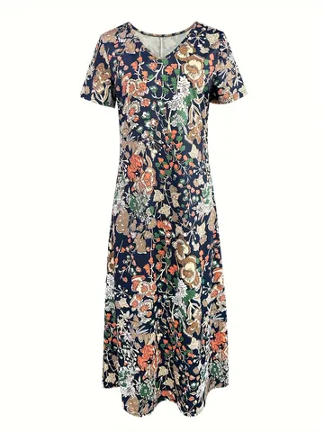 Women V-Neck Embroidered Floral Maxi Dress Bohemian Short Sleeve Loose Summer Vacation Casual Dress