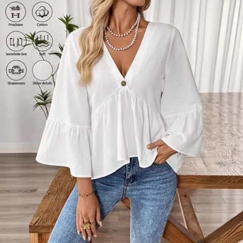 Women's V Neck Blouse Ruffle Bell Sleeve Button Front Polyester Solid Color Casual Loose Shirt Top Fashion Summer Clothes