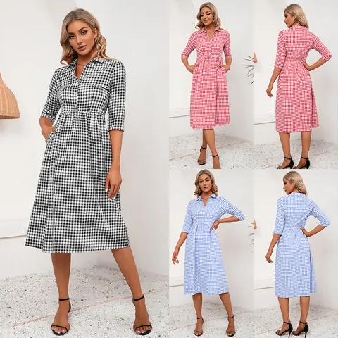 Women Plaid Gingham Lapel Shirt Dress Loose Casual Midi Dress With Buttons Short Sleeve Polyester Printed Retro Female Clothing