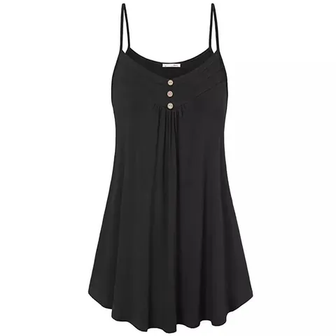 Robe à Bretelles Spaghetti pour Femmes Col en V Bouton Plissé Décontracté Ample Ligne A Robe d'Été Couleur Unie Robe de Plage Tunique