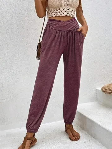 Women High Waist Crossover Joggers Casual Loose Lounge Pants With Pockets Soft Cotton Blend Woven Solid Color Trousers