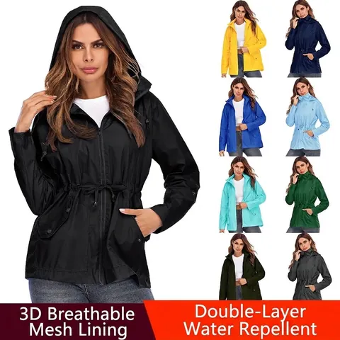Dames Waterdichte Regenjas Capuchon Trekkoord Taille Outdoor Wandeljas Lichtgewicht Windjas Mesh Voering Regenkleding