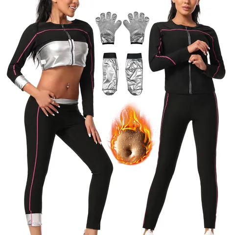 Combinaison de Sauna pour Femme Ensemble Veste à Manches Longues Et Pantalon Sportswear Thermique Revêtu d'Argent pour Gym Course