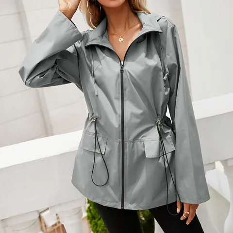 Dames Capuchon Waterdicht Regenjas Outdoor Windjack Met Trekkoord Taille Rits Top Voor Wandelen Kamperen