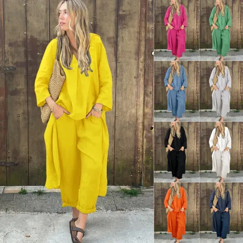 Women Cotton Linen Blend Top And Bottom Elegant Casual V Neck Shirt High Waist Wide Leg Pants Plus Size Lounge Wear Set