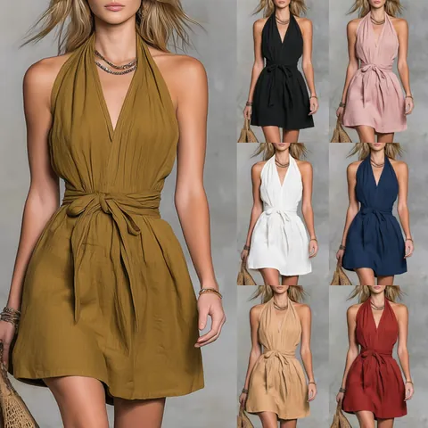 Dames Halter Diepe V-Hals Striksluiting Mini Jurk Casual Zomer Effen Kleur Mouwloos Vakantie Strand Geplooide A-lijn Jurk