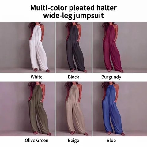 Mono de Mujer Estilo Resort Europeo Americano Plisado Halter Espalda al Aire Perna Ancha Sin Mangas Color Sólido de Una Pieza Romper de Playa