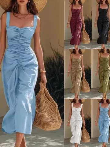 Dames Franse Stijl Geplooide Camisole Jurk Katoen Hoge Taille Open Rug Elegante Vakantie Maxi Jurk