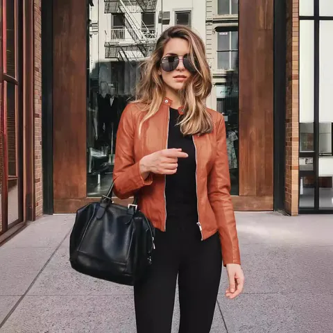 Women Fashion PU Leather Jacket Slim Fit Stand Collar Zip Up Outerwear Autumn Winter Street Casual Faux Leather Jacket