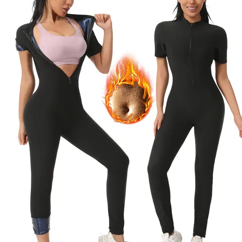Combinaison de Sudation pour Femmes Sauna Jumpsuit Hot Thermo Body Shaper Fermeture Éclair Manches Courtes Fitness Yoga