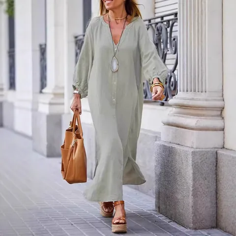 Vestido Largo de Camisa con Botones para Mujer Manga Larga Cuello en V Color Sólido Suelto Bohemio Poliéster Casual