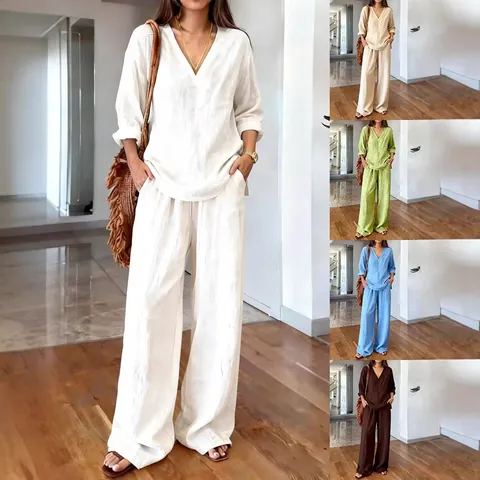 Women Casual Top And Bottom Knitted Long Sleeve V-Neck Pullover Shirt And Wide Leg Pants Set Solid Color Polyester Lounge Wear