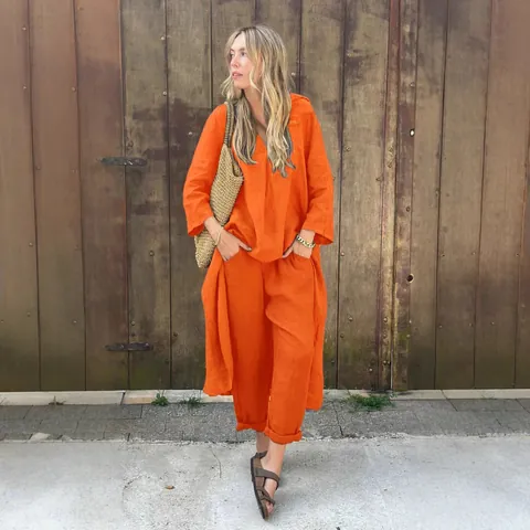 Women Cotton Linen Blend Top And Bottom Elegant Casual V Neck Shirt High Waist Wide Leg Pants Plus Size Lounge Wear Set