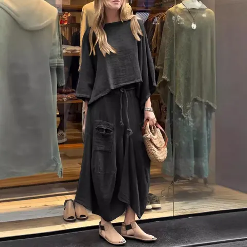 Γυναικείο Casual Πολυεστερικό Σύνολο Top Και Bottom Μονόχρωμο Χαλαρό Κοντό Μανίκι Κορδόνι Τσέπες Μόδα