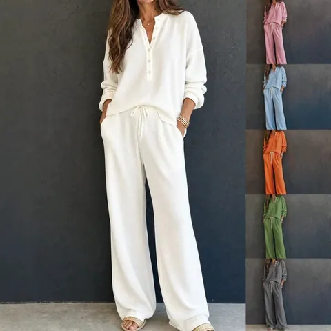 Women Waffle Knit Top And Bottom Retro Casual Loose Long Sleeve Henley Shirt And Wide Leg Drawstring Pants Lounge Set