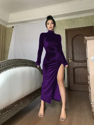 Women High Neck Velvet Maxi Dress Long Sleeve Ruched Slim Fit Side Slit Elegant Evening Party Prom Dress