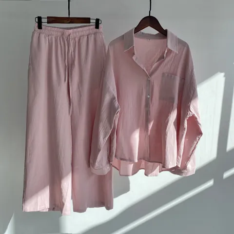 Women Retro Cotton Blend Top And Bottom Set Loose Long Sleeve Shirt Wide Leg Pants Casual Plus Size 2 Piece Clothing Outfits
