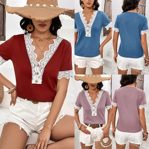 Women Waffle Knit V Neck Top Lace Patchwork Short Sleeve Blouse Button Front Casual Summer Shirt For Ladies