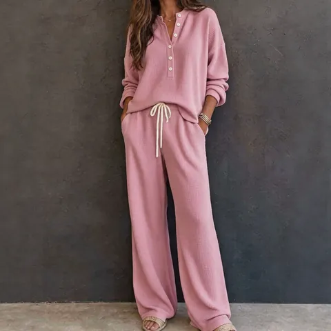 Women Waffle Knit Top And Bottom Retro Casual Loose Long Sleeve Henley Shirt And Wide Leg Drawstring Pants Lounge Set