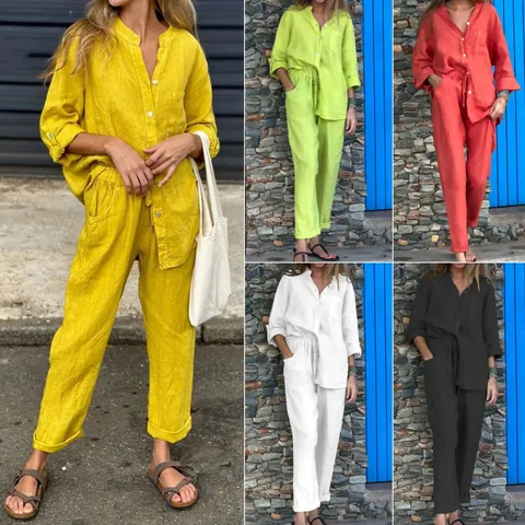 Dames Casual Katoen Polyester Tweedelige Set Lange Mouw Overhemd En Hoge Taille Wijde Pijpen Broek Effen Kleur