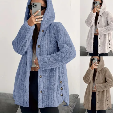 Women Hooded Plush Coat Cashmere Polyester Long Sleeve Solid Color Loose Jacket Single Breasted Autumn Winter Outerwear