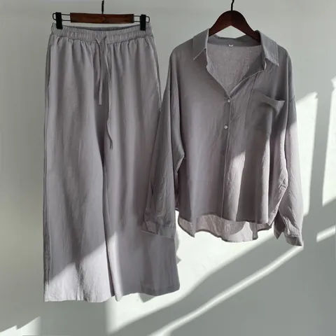 Women Retro Cotton Blend Top And Bottom Set Loose Long Sleeve Shirt Wide Leg Pants Casual Plus Size 2 Piece Clothing Outfits