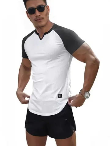 Men's Slim Fit Raglan Sleeve T-Shirt Contrast Color Ribbed Texture V-Neck Short Sleeve Muscle Tee Casual Athletic Top