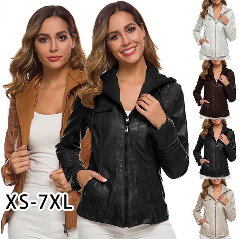 Women's Hooded PU Leather Jacket Slim Fit Faux Leather Moto Biker Coat Short Quilted Zipper Pocket Streetwear Outerwear