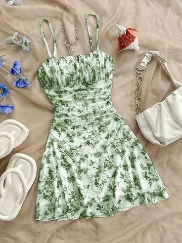 French Floral Spaghetti Strap Dress For Women Summer Beach Vacation Ruched A-Line Mini Dress Slim Fit Backless Sundress