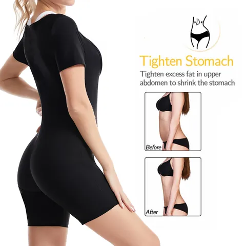 Women Sauna Sweat Bodysuit Short Sleeve Zipper Yoga Fitness Slimming Shaper Romper Underbust Tummy Control Sportswear