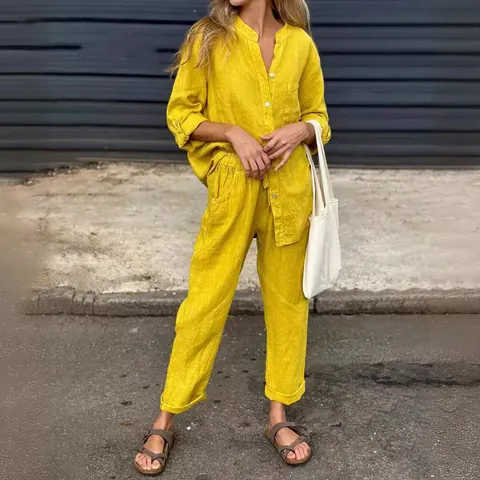 Dames Casual Katoen Polyester Tweedelige Set Lange Mouw Overhemd En Hoge Taille Wijde Pijpen Broek Effen Kleur