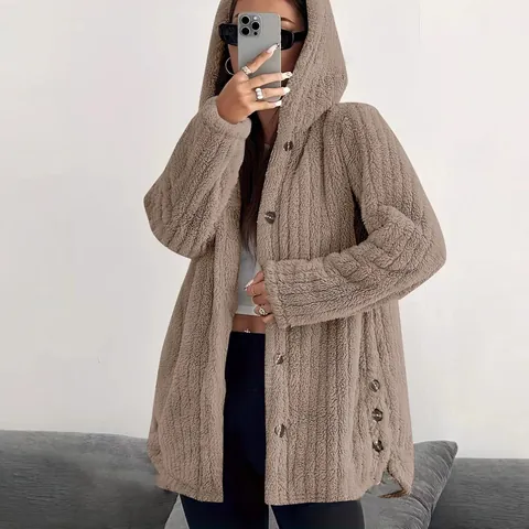 Women Hooded Plush Coat Cashmere Polyester Long Sleeve Solid Color Loose Jacket Single Breasted Autumn Winter Outerwear