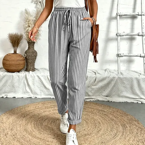 Dames Verticaal Gestreepte Harembroek Zomer Casual Losse Trekkoord Broek Met Zakken Mode Onderstuk Kleding