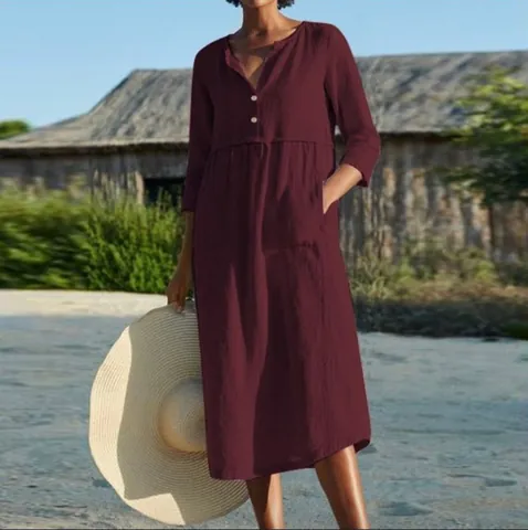 Women Casual Cotton Linen Midi Dress V-Neck Half Sleeve Solid Color Button Decor Pocket Loose A-Line Beach Holiday Dress