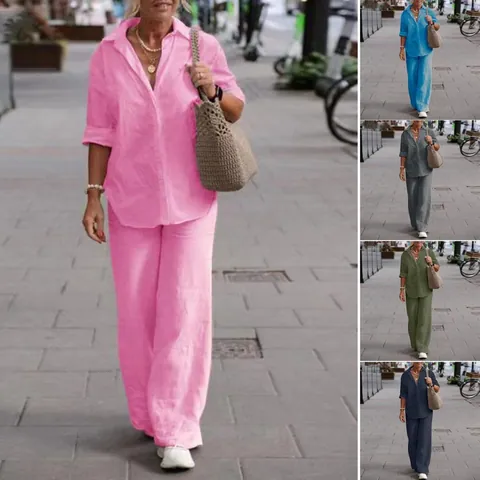 Women Cotton Casual Top And Bottom Suit Lapel Long Sleeve Shirt and Wide Leg Pants Solid Color Commuting Clothes