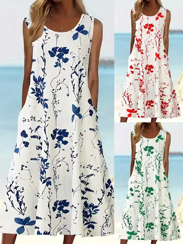 Robe Midi à Fleurs sans Manches pour Femmes Col Rond Été Plage Vacances Coupe Ample en A avec Poches Vêtements en Polyester