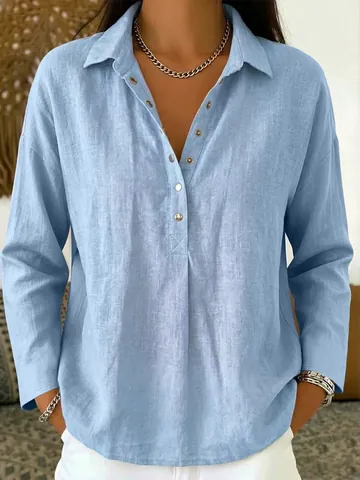 Camicia da Donna Casual Tinta Unita Rever Manica Lunga Bottone Comoda Poliestere Moda Elegante Classica Top