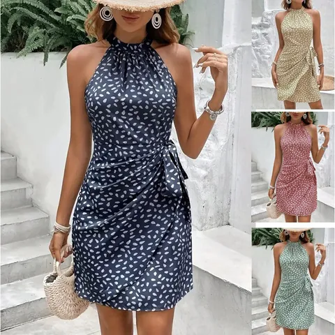 Dames Halternek Mouwloze Bloemenprint Mini Jurk Geplooid Wikkeljurk Strikceintuur Polyester Spandex Zomer Sexy Bodycon Jurk